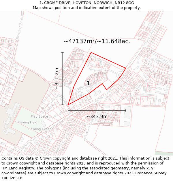 1, CROME DRIVE, HOVETON, NORWICH, NR12 8GG: Plot and title map