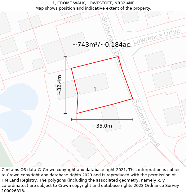 1, CROME WALK, LOWESTOFT, NR32 4NF: Plot and title map