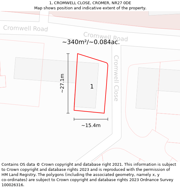 1, CROMWELL CLOSE, CROMER, NR27 0DE: Plot and title map