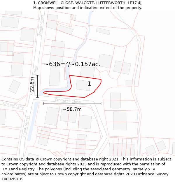 1, CROMWELL CLOSE, WALCOTE, LUTTERWORTH, LE17 4JJ: Plot and title map