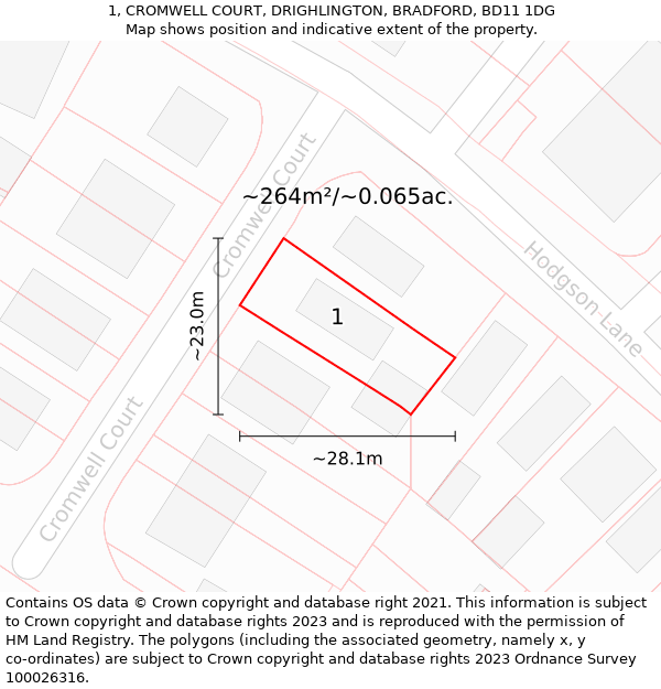 1, CROMWELL COURT, DRIGHLINGTON, BRADFORD, BD11 1DG: Plot and title map