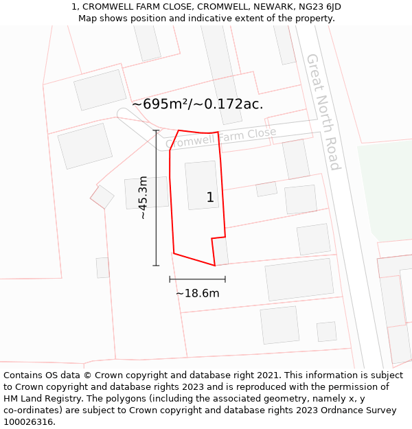 1, CROMWELL FARM CLOSE, CROMWELL, NEWARK, NG23 6JD: Plot and title map