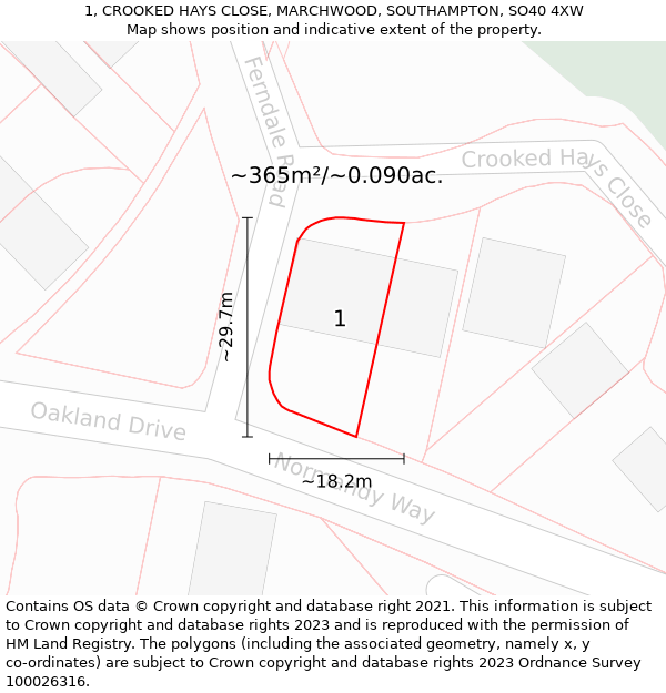 1, CROOKED HAYS CLOSE, MARCHWOOD, SOUTHAMPTON, SO40 4XW: Plot and title map