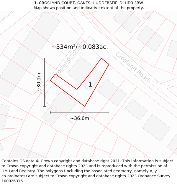 1, CROSLAND COURT, OAKES, HUDDERSFIELD, HD3 3BW: Plot and title map