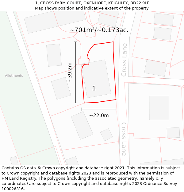 1, CROSS FARM COURT, OXENHOPE, KEIGHLEY, BD22 9LF: Plot and title map