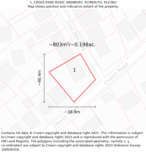 1, CROSS PARK ROAD, WEMBURY, PLYMOUTH, PL9 0EU: Plot and title map