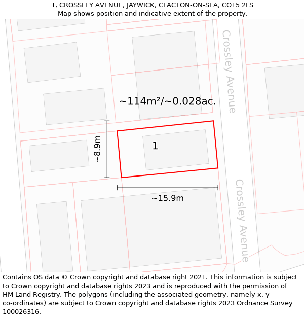 1, CROSSLEY AVENUE, JAYWICK, CLACTON-ON-SEA, CO15 2LS: Plot and title map