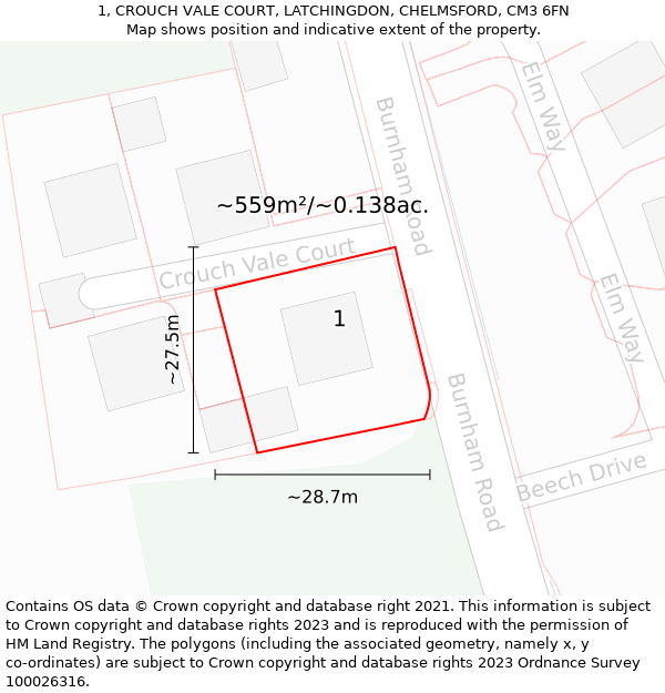 1, CROUCH VALE COURT, LATCHINGDON, CHELMSFORD, CM3 6FN: Plot and title map