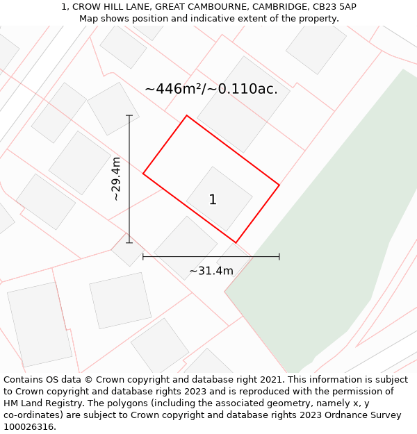 1, CROW HILL LANE, GREAT CAMBOURNE, CAMBRIDGE, CB23 5AP: Plot and title map