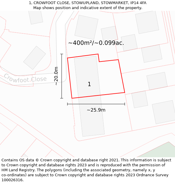 1, CROWFOOT CLOSE, STOWUPLAND, STOWMARKET, IP14 4FA: Plot and title map