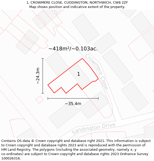 1, CROWMERE CLOSE, CUDDINGTON, NORTHWICH, CW8 2ZF: Plot and title map