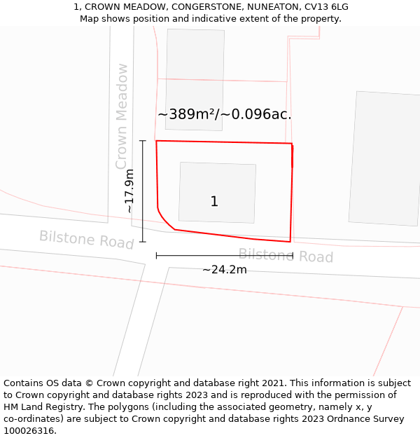 1, CROWN MEADOW, CONGERSTONE, NUNEATON, CV13 6LG: Plot and title map