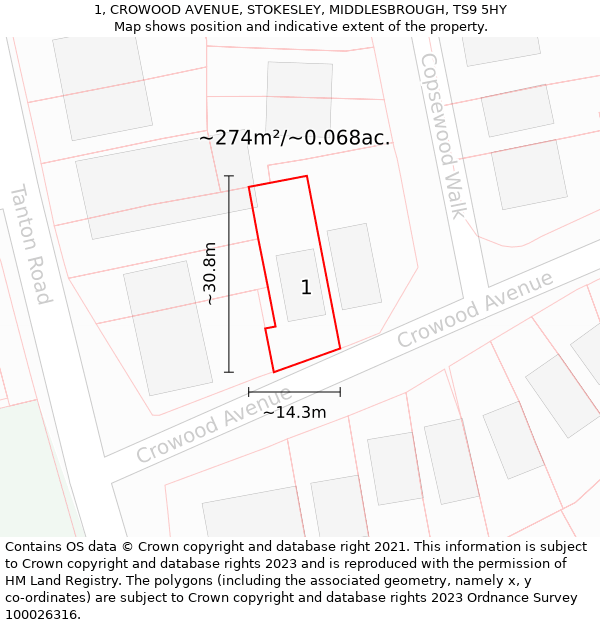1, CROWOOD AVENUE, STOKESLEY, MIDDLESBROUGH, TS9 5HY: Plot and title map