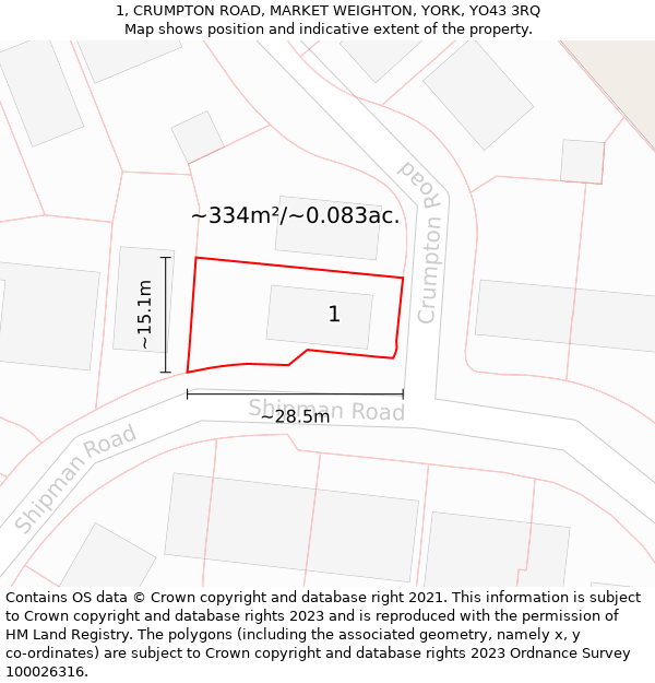 1, CRUMPTON ROAD, MARKET WEIGHTON, YORK, YO43 3RQ: Plot and title map