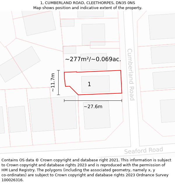 1, CUMBERLAND ROAD, CLEETHORPES, DN35 0NS: Plot and title map