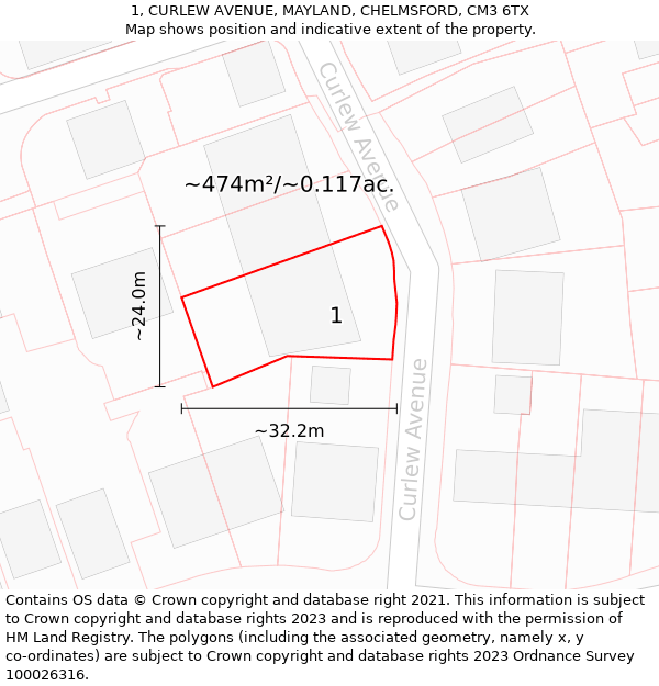 1, CURLEW AVENUE, MAYLAND, CHELMSFORD, CM3 6TX: Plot and title map