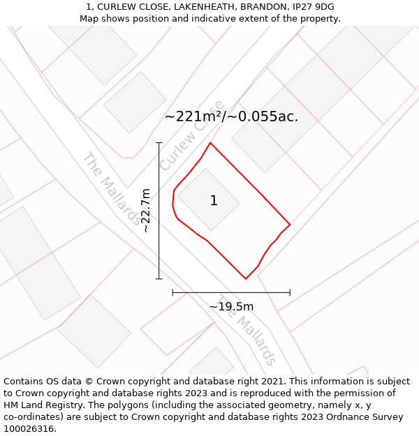 1, CURLEW CLOSE, LAKENHEATH, BRANDON, IP27 9DG: Plot and title map