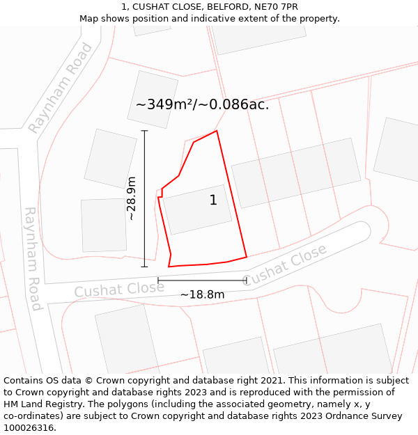 1, CUSHAT CLOSE, BELFORD, NE70 7PR: Plot and title map