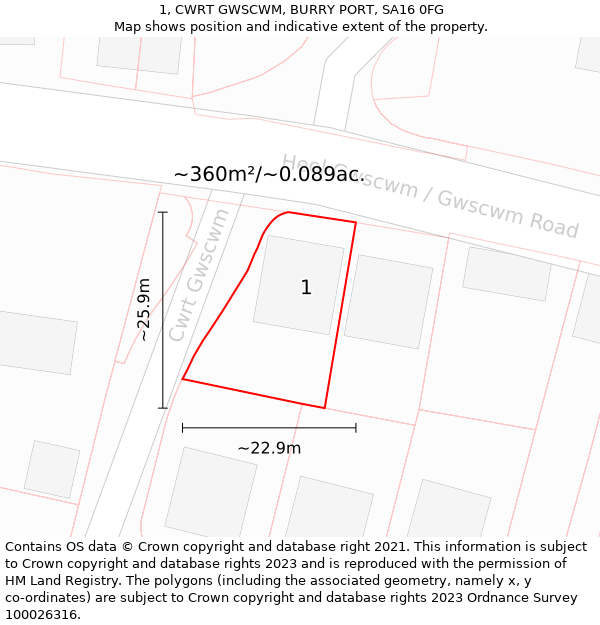 1, CWRT GWSCWM, BURRY PORT, SA16 0FG: Plot and title map