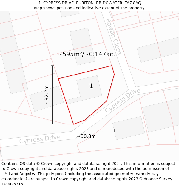 1, CYPRESS DRIVE, PURITON, BRIDGWATER, TA7 8AQ: Plot and title map