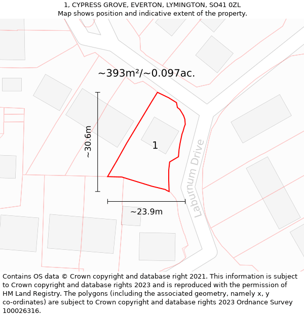 1, CYPRESS GROVE, EVERTON, LYMINGTON, SO41 0ZL: Plot and title map