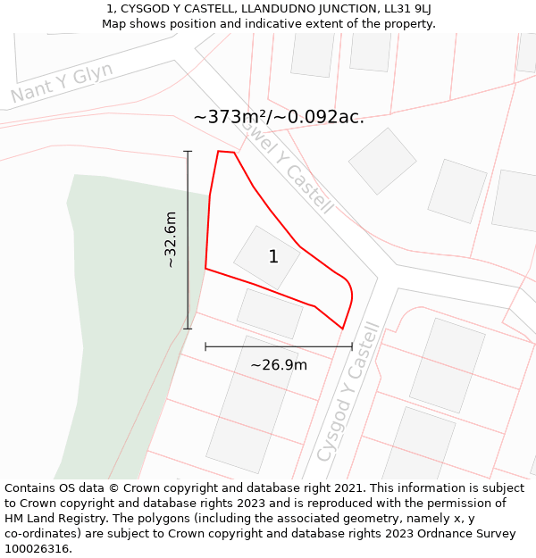 1, CYSGOD Y CASTELL, LLANDUDNO JUNCTION, LL31 9LJ: Plot and title map