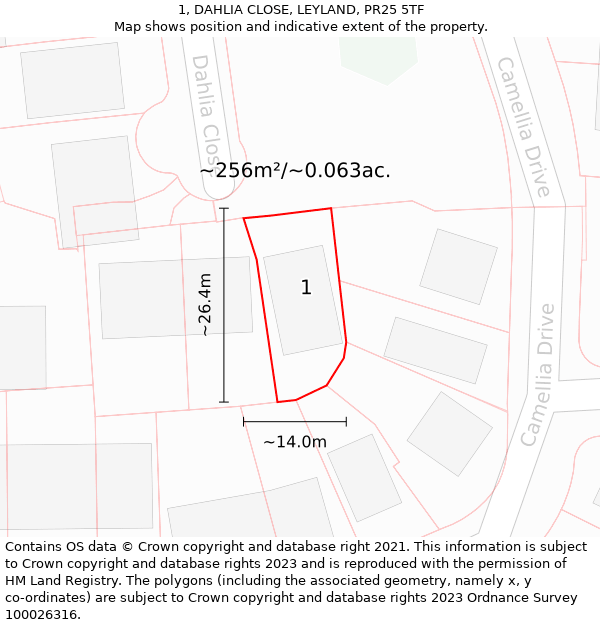 1, DAHLIA CLOSE, LEYLAND, PR25 5TF: Plot and title map