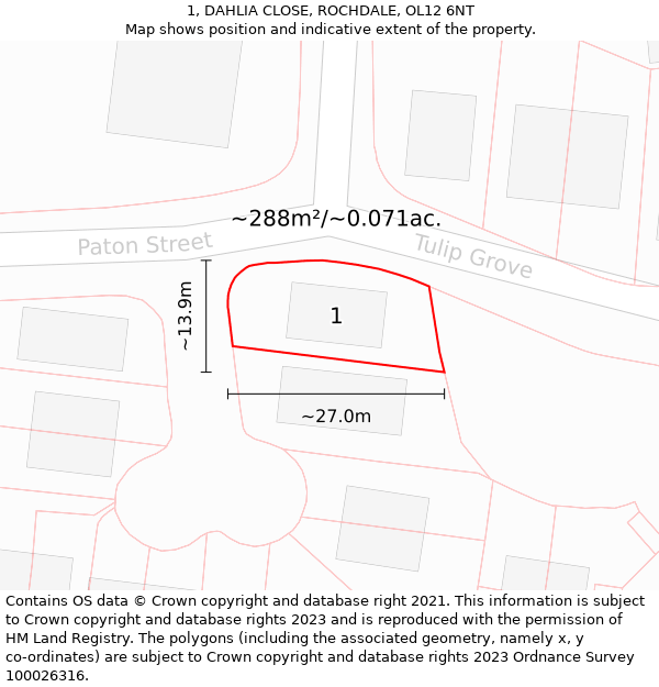 1, DAHLIA CLOSE, ROCHDALE, OL12 6NT: Plot and title map