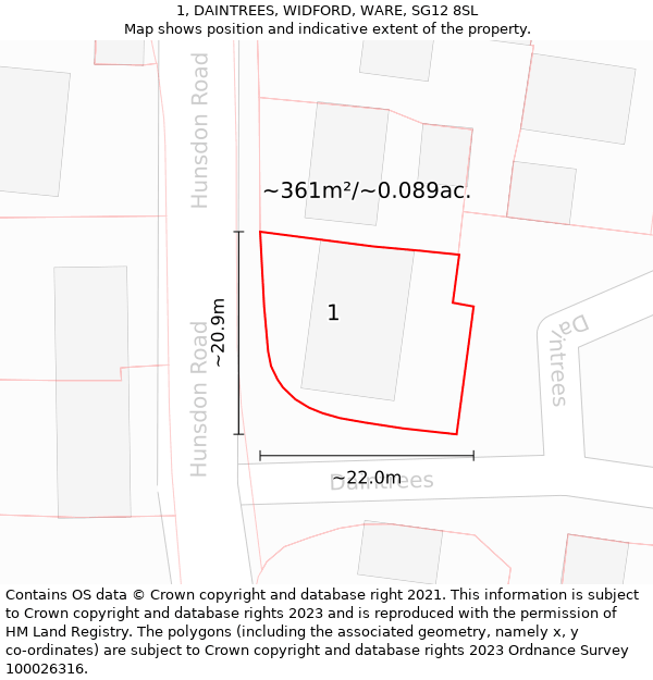 1, DAINTREES, WIDFORD, WARE, SG12 8SL: Plot and title map