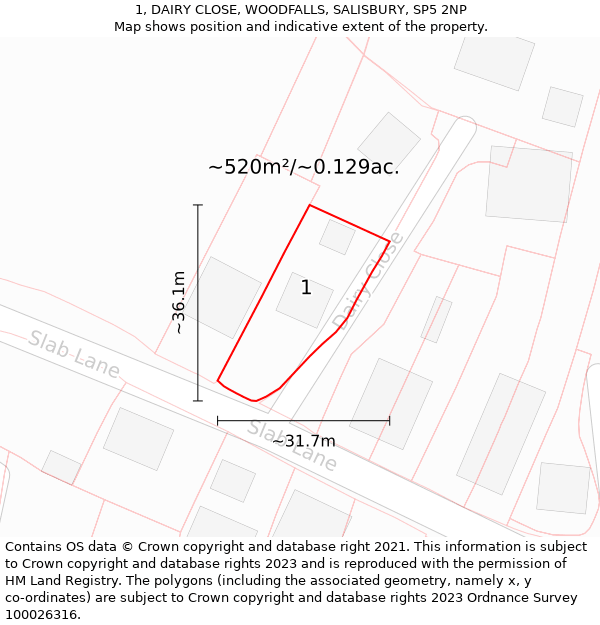 1, DAIRY CLOSE, WOODFALLS, SALISBURY, SP5 2NP: Plot and title map