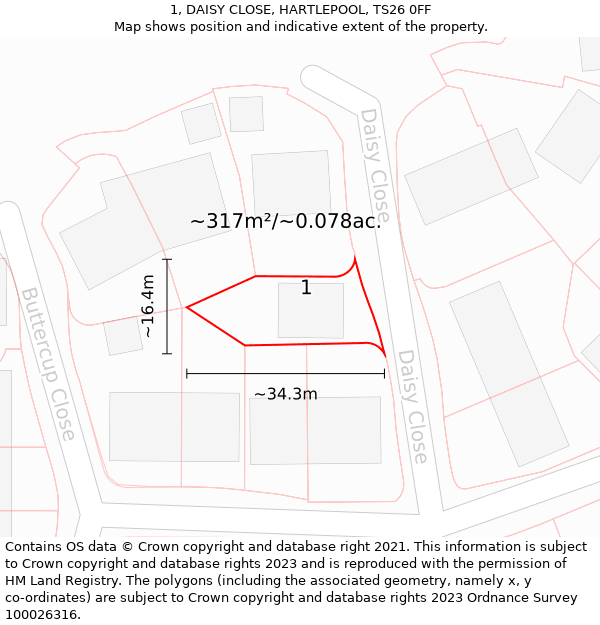 1, DAISY CLOSE, HARTLEPOOL, TS26 0FF: Plot and title map