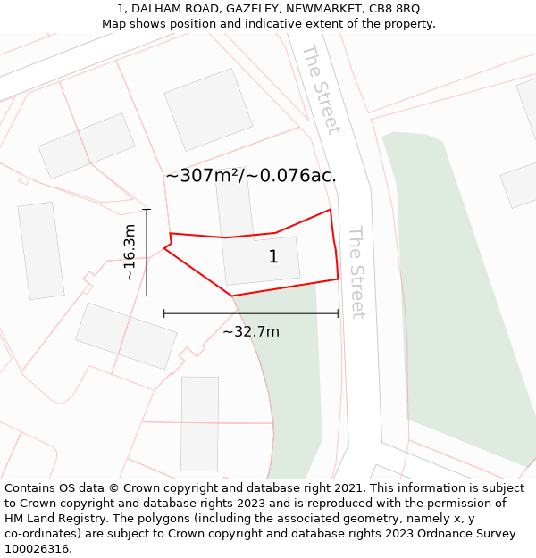 1, DALHAM ROAD, GAZELEY, NEWMARKET, CB8 8RQ: Plot and title map