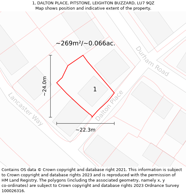 1, DALTON PLACE, PITSTONE, LEIGHTON BUZZARD, LU7 9QZ: Plot and title map