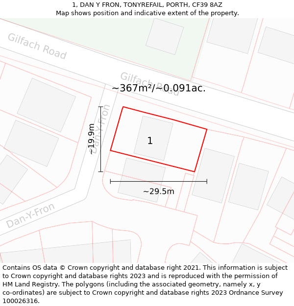 1, DAN Y FRON, TONYREFAIL, PORTH, CF39 8AZ: Plot and title map