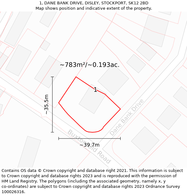 1, DANE BANK DRIVE, DISLEY, STOCKPORT, SK12 2BD: Plot and title map