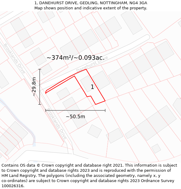 1, DANEHURST DRIVE, GEDLING, NOTTINGHAM, NG4 3GA: Plot and title map