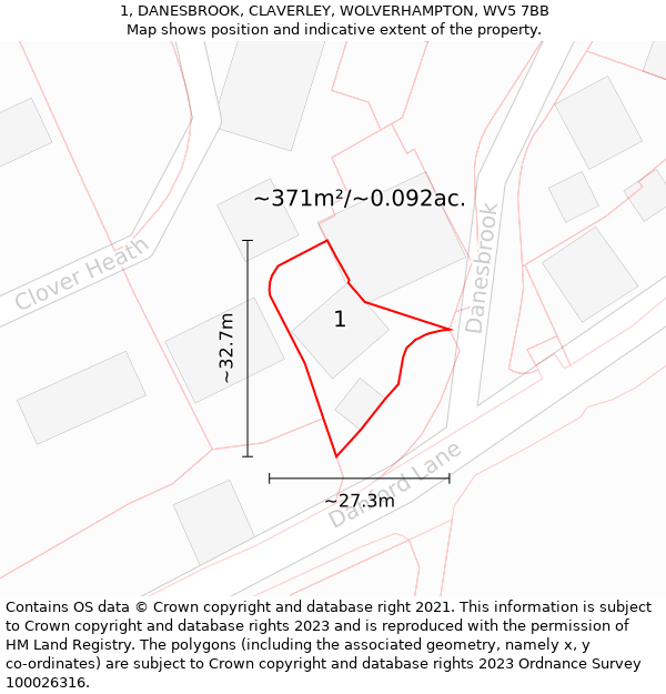 1, DANESBROOK, CLAVERLEY, WOLVERHAMPTON, WV5 7BB: Plot and title map