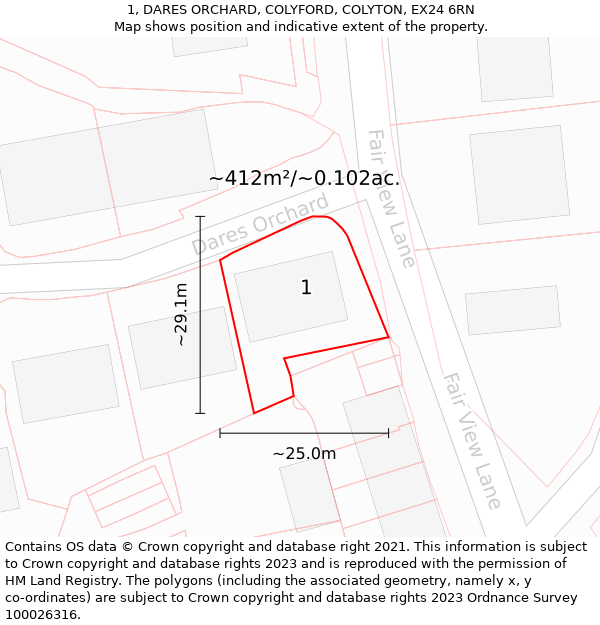 1, DARES ORCHARD, COLYFORD, COLYTON, EX24 6RN: Plot and title map