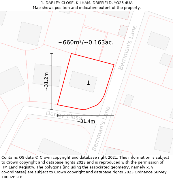 1, DARLEY CLOSE, KILHAM, DRIFFIELD, YO25 4UA: Plot and title map