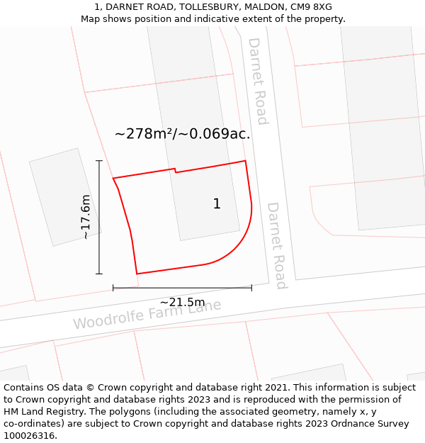 1, DARNET ROAD, TOLLESBURY, MALDON, CM9 8XG: Plot and title map