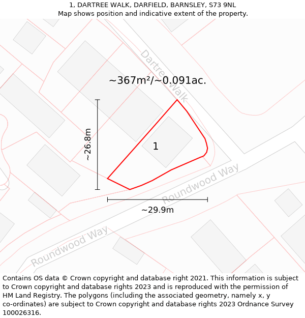 1, DARTREE WALK, DARFIELD, BARNSLEY, S73 9NL: Plot and title map