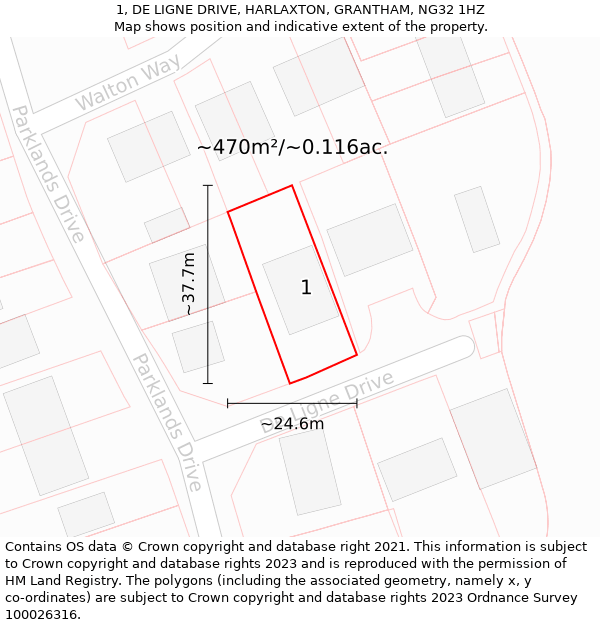 1, DE LIGNE DRIVE, HARLAXTON, GRANTHAM, NG32 1HZ: Plot and title map