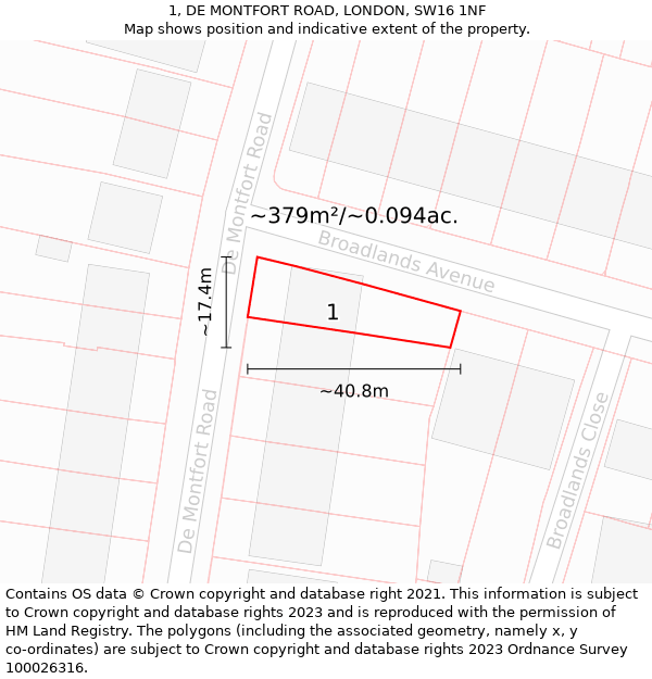 1, DE MONTFORT ROAD, LONDON, SW16 1NF: Plot and title map