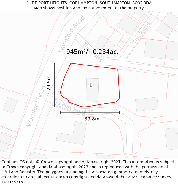 1, DE PORT HEIGHTS, CORHAMPTON, SOUTHAMPTON, SO32 3DA: Plot and title map