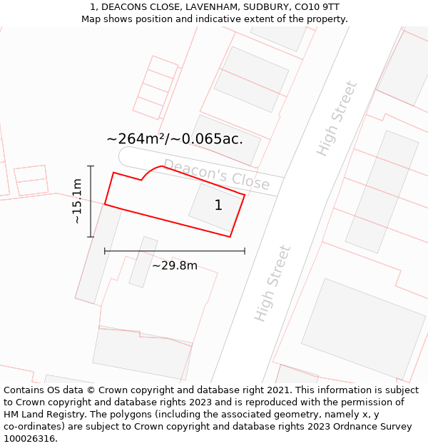 1, DEACONS CLOSE, LAVENHAM, SUDBURY, CO10 9TT: Plot and title map