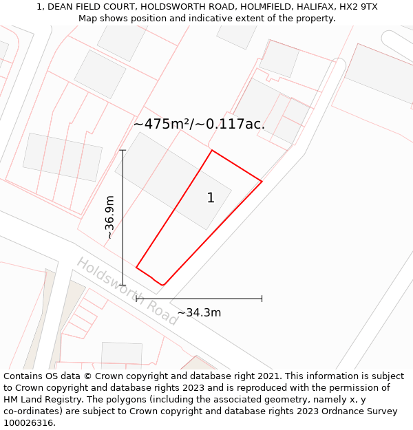 1, DEAN FIELD COURT, HOLDSWORTH ROAD, HOLMFIELD, HALIFAX, HX2 9TX: Plot and title map