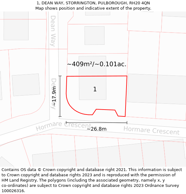 1, DEAN WAY, STORRINGTON, PULBOROUGH, RH20 4QN: Plot and title map