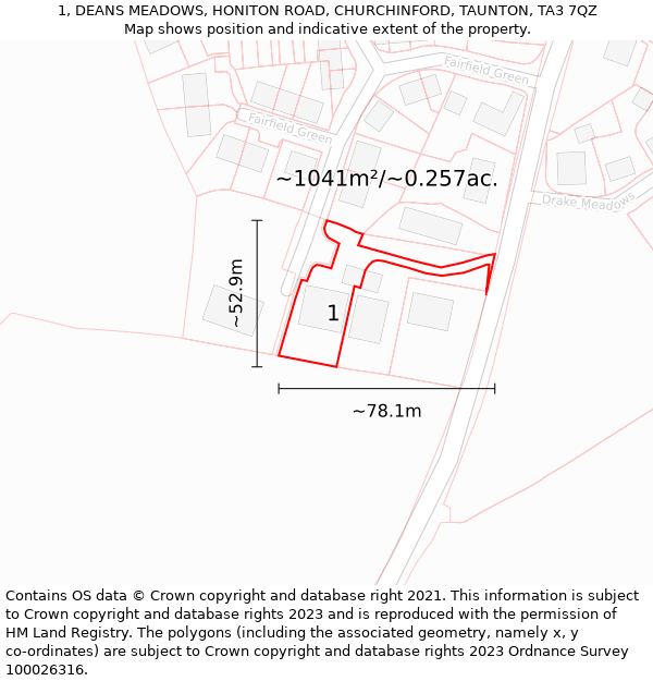 1, DEANS MEADOWS, HONITON ROAD, CHURCHINFORD, TAUNTON, TA3 7QZ: Plot and title map