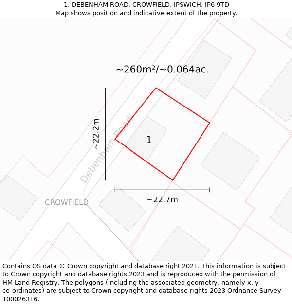 1, DEBENHAM ROAD, CROWFIELD, IPSWICH, IP6 9TD: Plot and title map