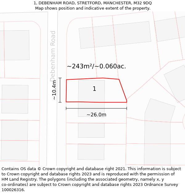 1, DEBENHAM ROAD, STRETFORD, MANCHESTER, M32 9DQ: Plot and title map